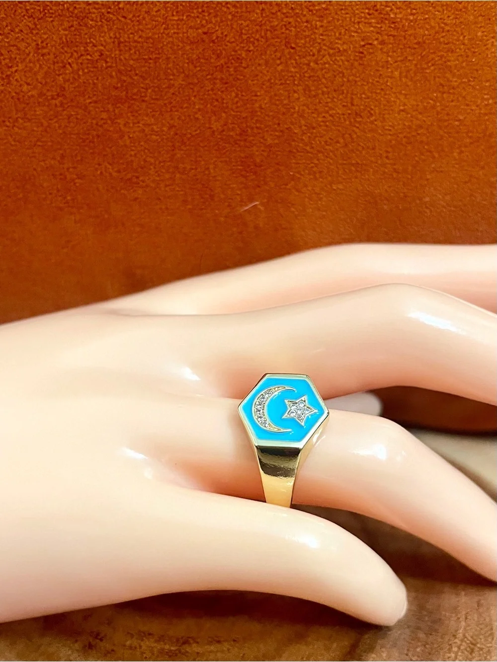 Turquoise Enamel and CZ Moon and Star Gold Filled Adjustable Ring NWOT